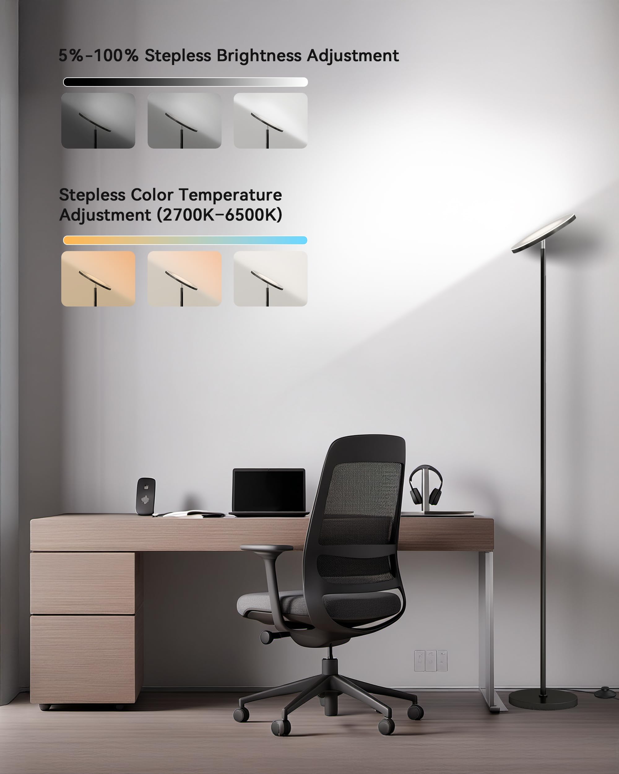 69-Inch Torchiere LED Floor Lamp, Stepless Dimmable with Remote & Foot Switch