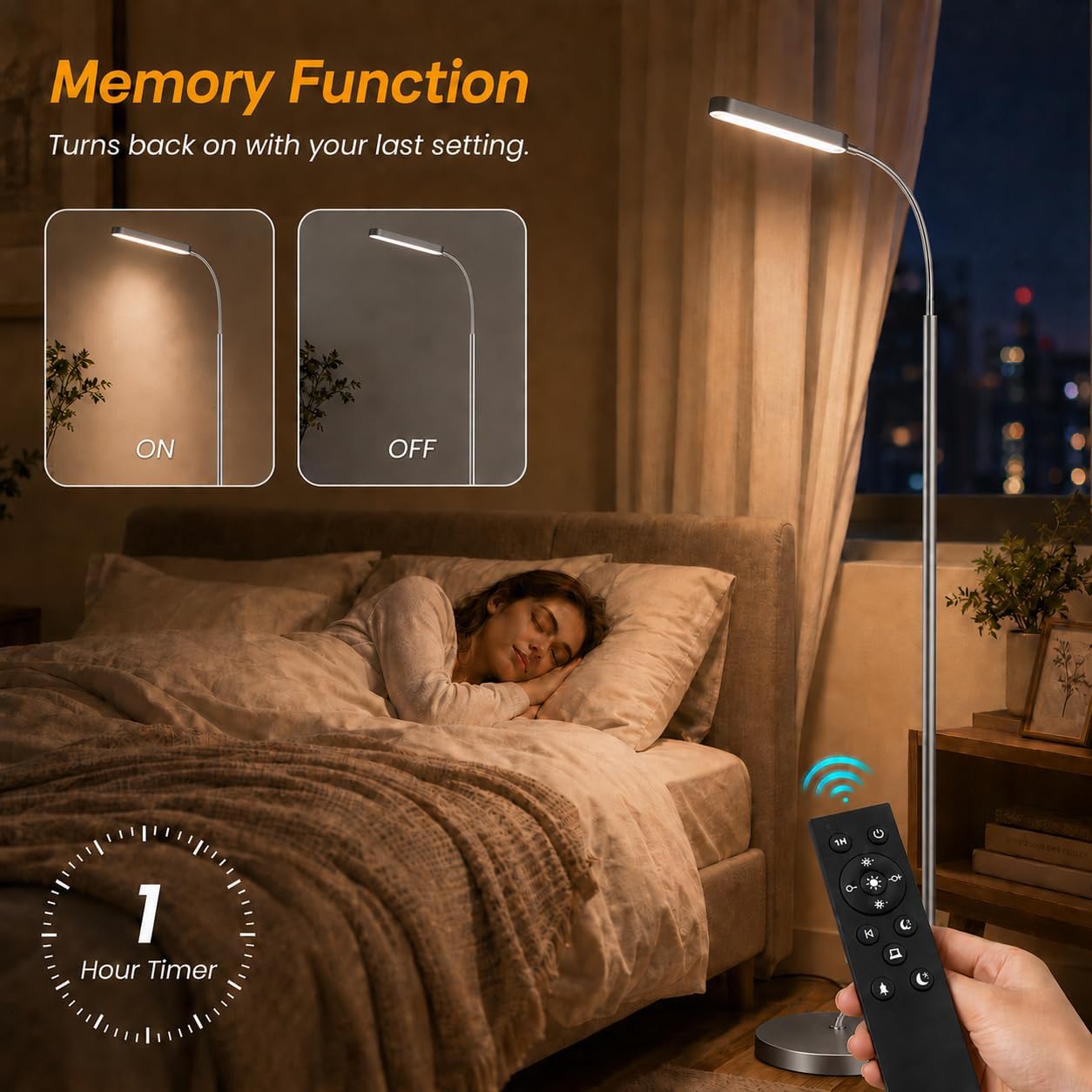Dimmable LED floor lamp with adjustable color temperature, remote control