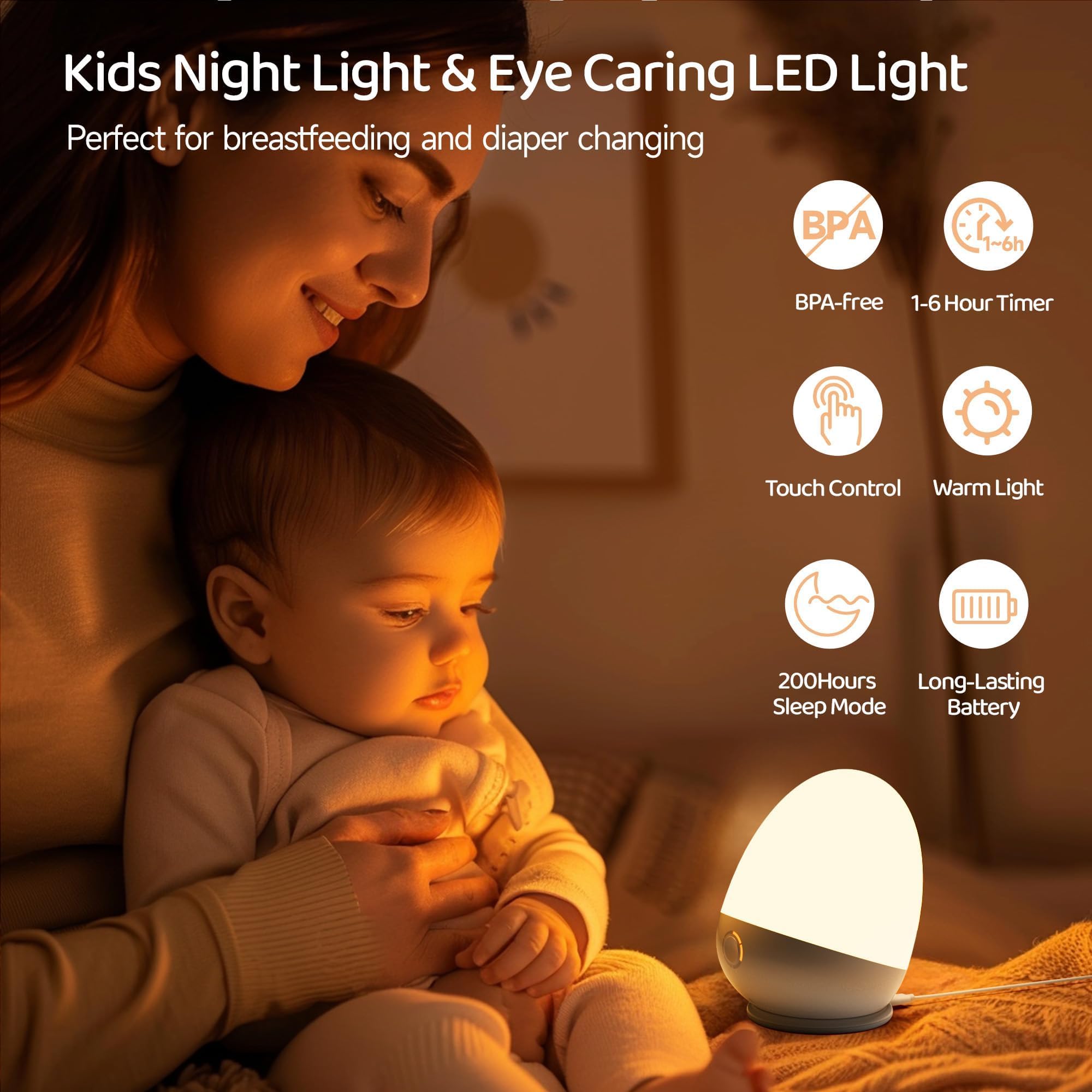 Egg-shaped touch night light with feeding timer and 3 dimmable color temperatures
