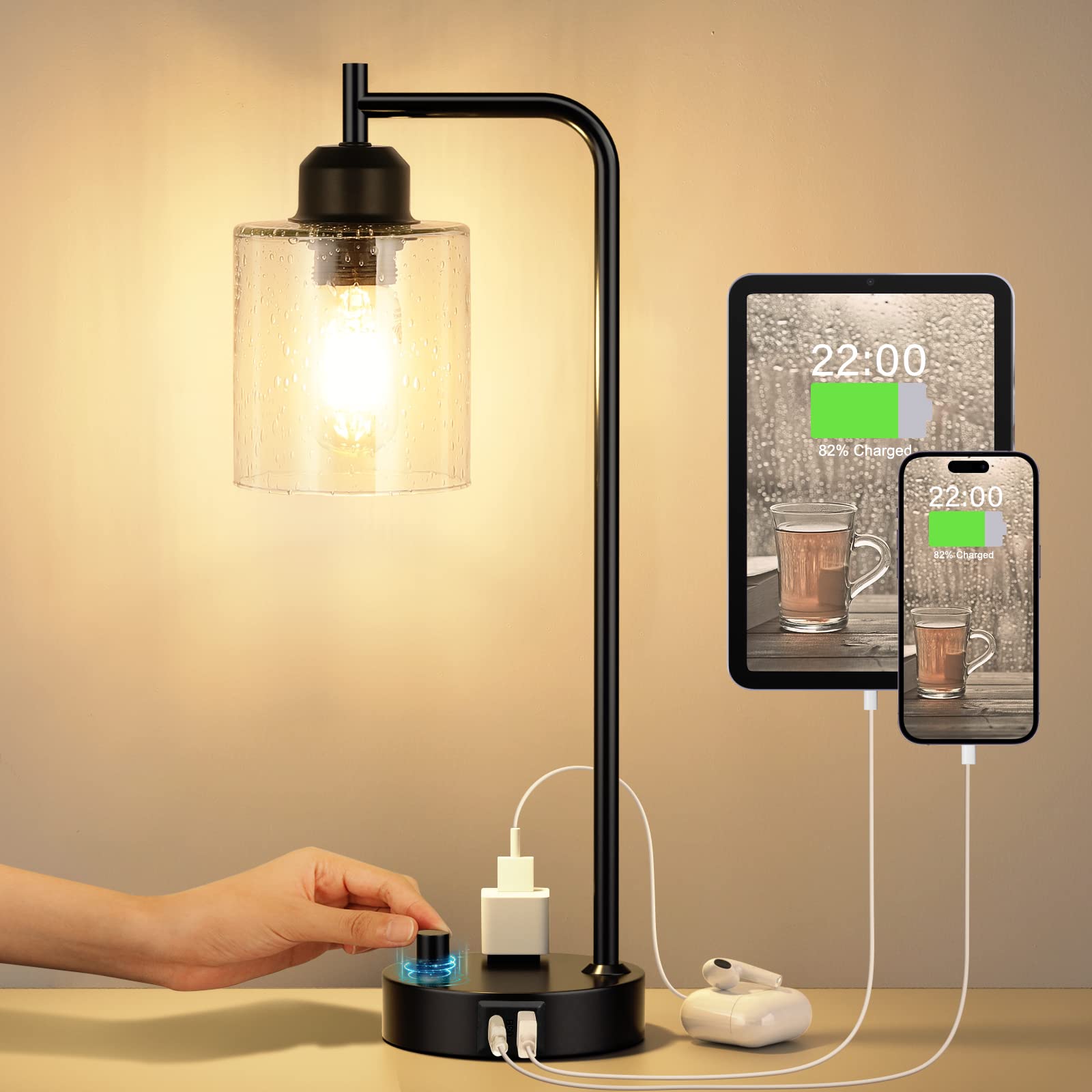 Industrial nightstand table lamp with USB-C charging port
