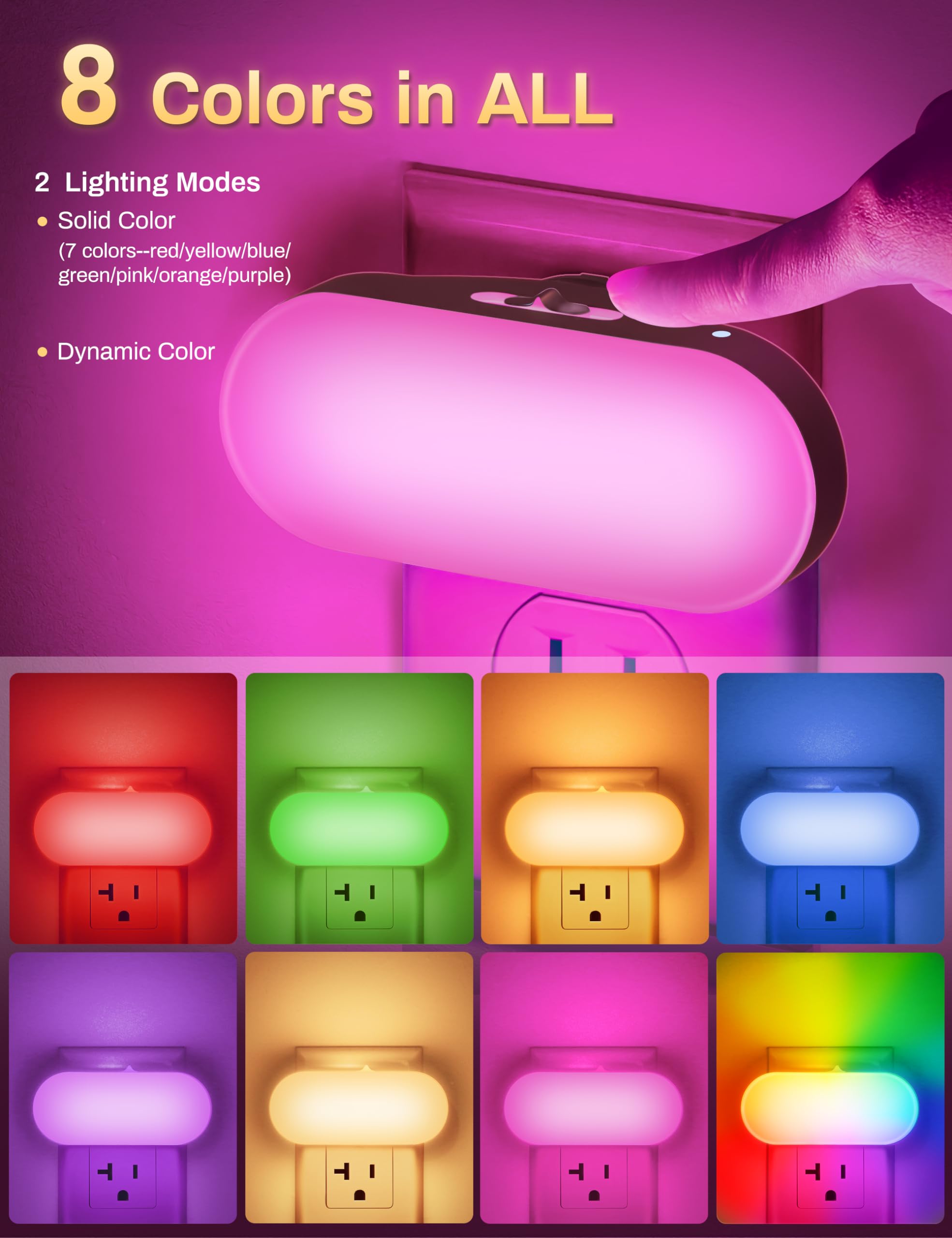 RGB color-changing plug-in night light for kids' rooms, 2-pack
