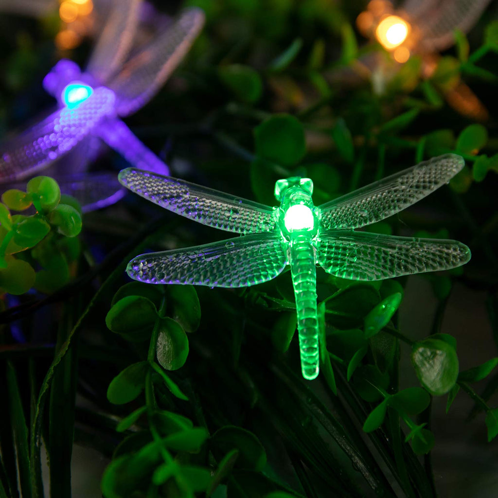 Solar-powered outdoor string lights with dragonfly design and 8 light modes
