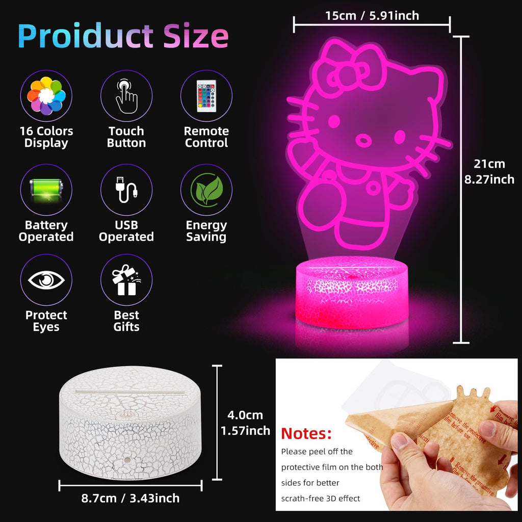 3D kitty LED night light with 16 color remote control for kids room