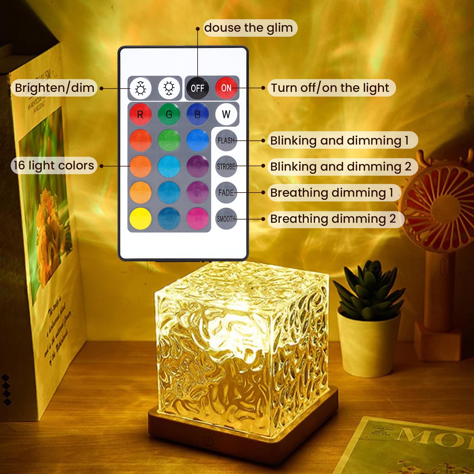 Ocean Wave Projector Light – 16 Colors, Remote Control, Rotating Water Cube Design for Kids & Adults Bedroom