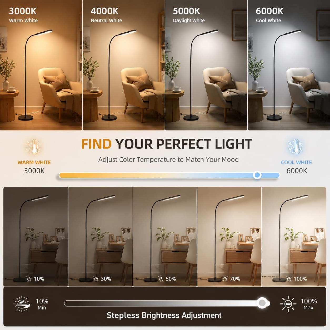 LED floor lamp with stepless dimming and 3000K-6000K color temperature