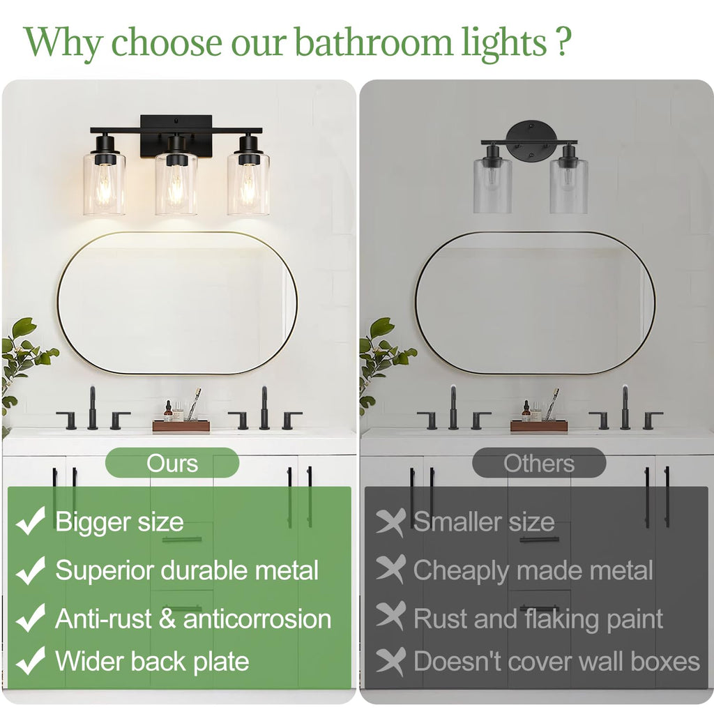 3-light matte black vanity wall lamp with clear glass shade decor