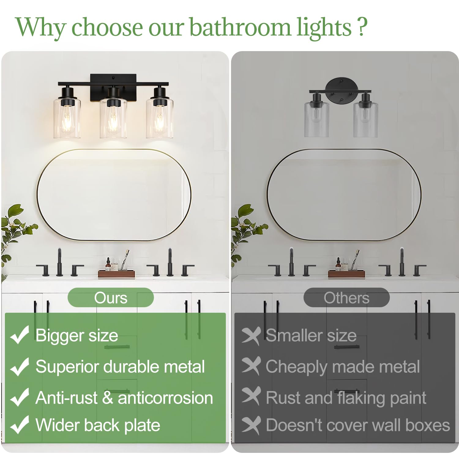 3-light matte black vanity wall lamp with clear glass shade decor