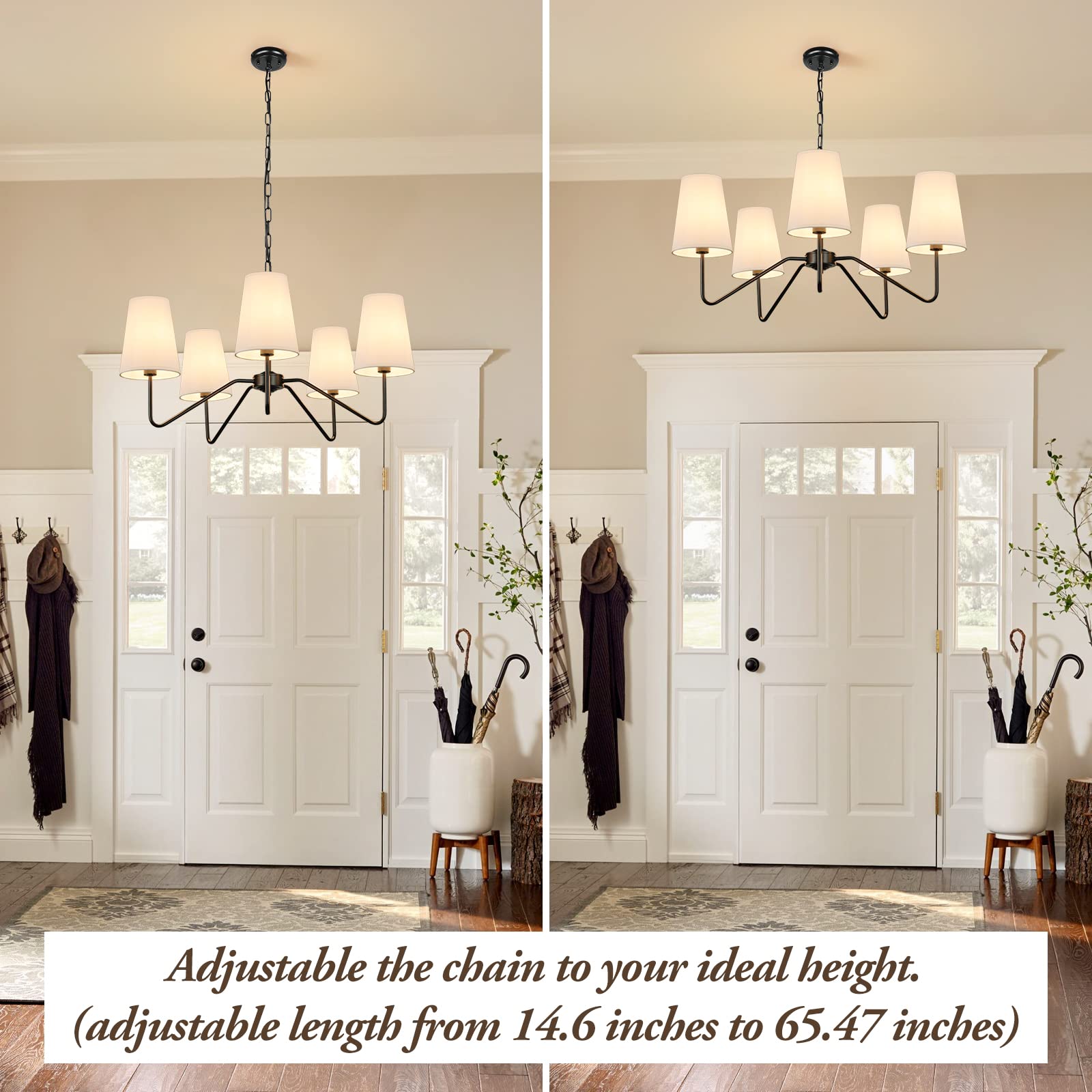 5-Light Chandelier with White Shades, Classic Fixture for Decor
