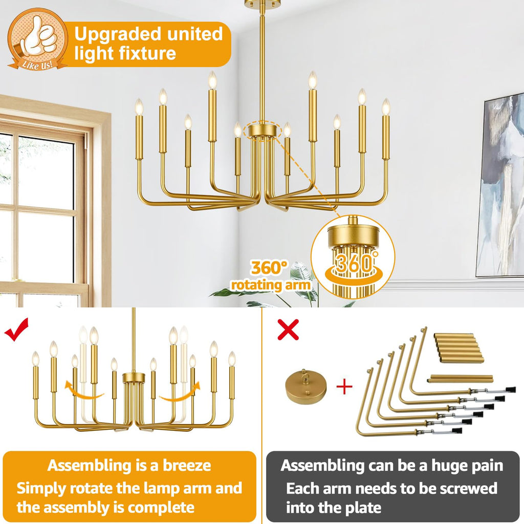 10-light gold farmhouse candle chandelier for dining room decor