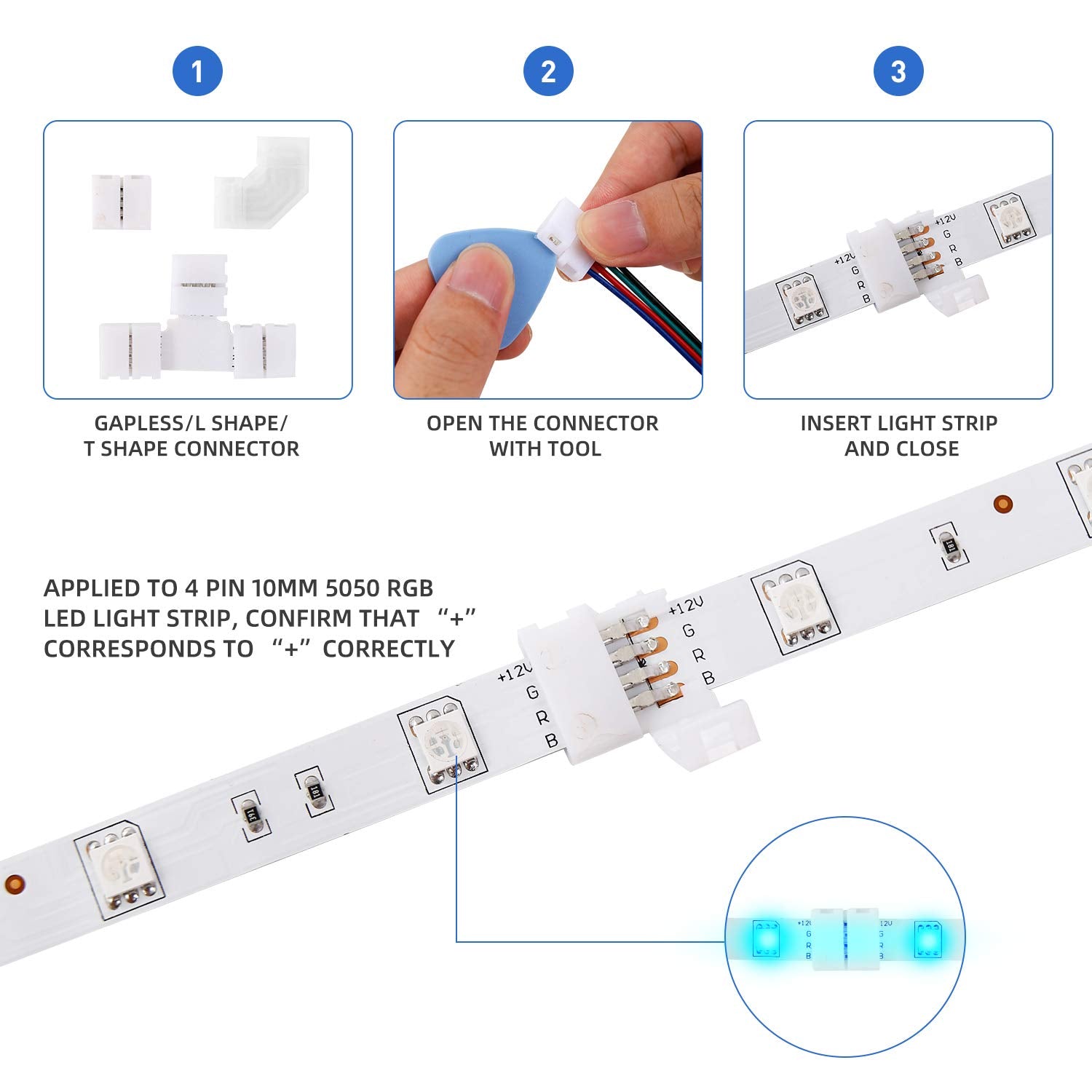 LED Strip Light Connector Kit – 5050 RGB 4-Pin 10mm with Clips & Tools for Light Strip Installation & Repair