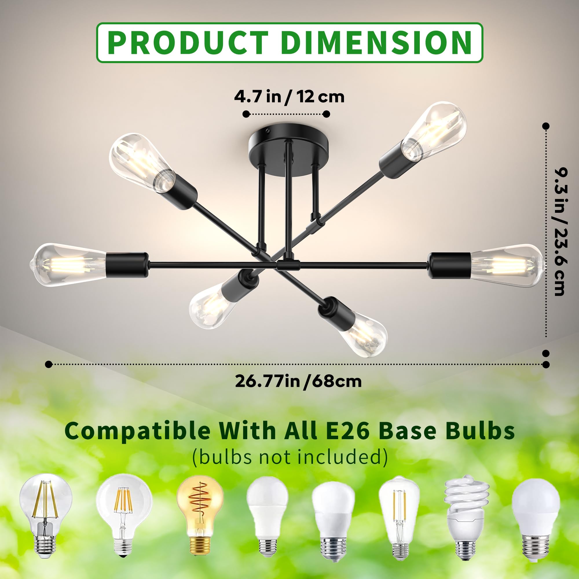 Black 22-Inch Sputnik Chandelier, 6-Light Fixture for Decor
