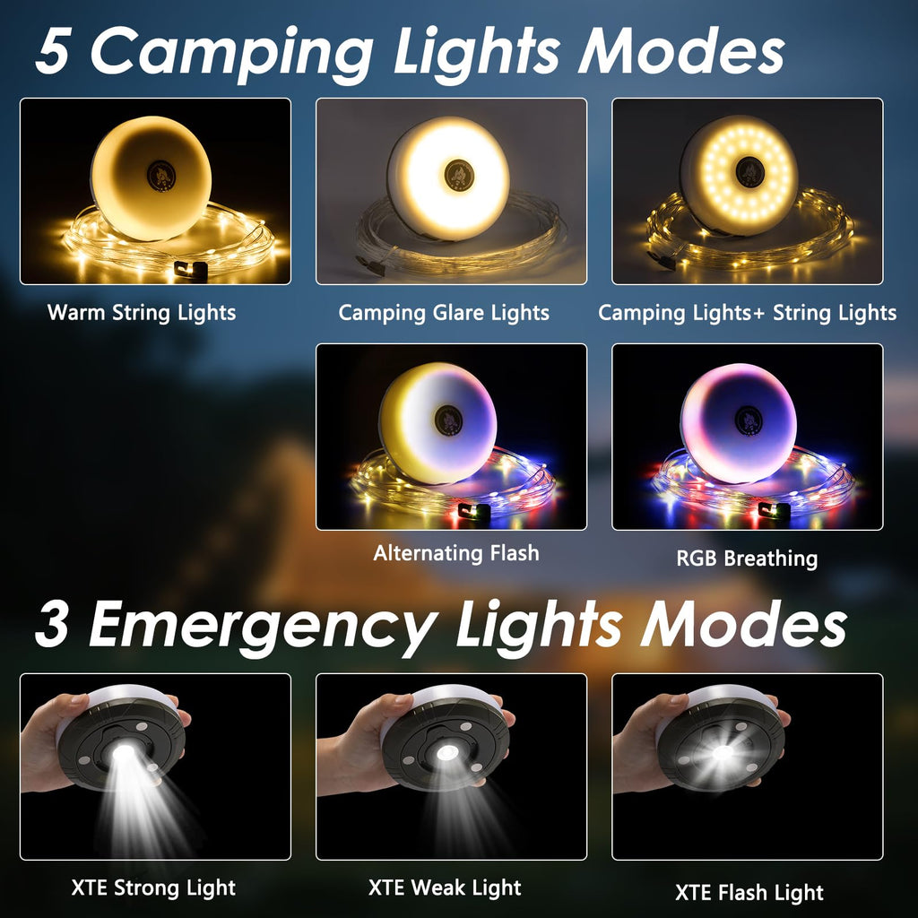 Rechargeable outdoor string light for camping, 8 modes, 2-pack