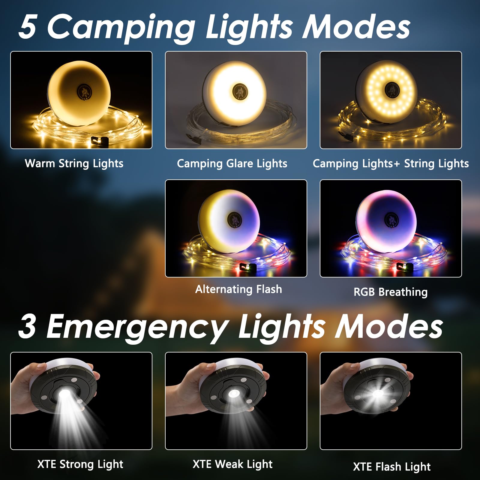 Rechargeable outdoor string light for camping, 8 modes, 2-pack