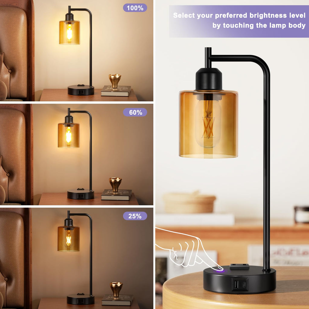 Industrial touch table lamp set of 2 with USB charging, amber glass