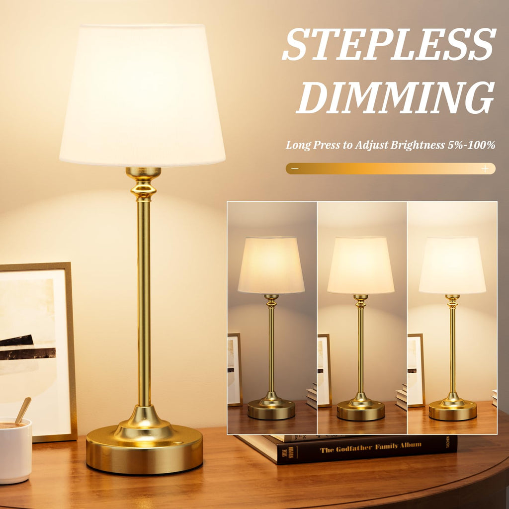 Cordless rechargeable brass table lamp, touch-control dimming