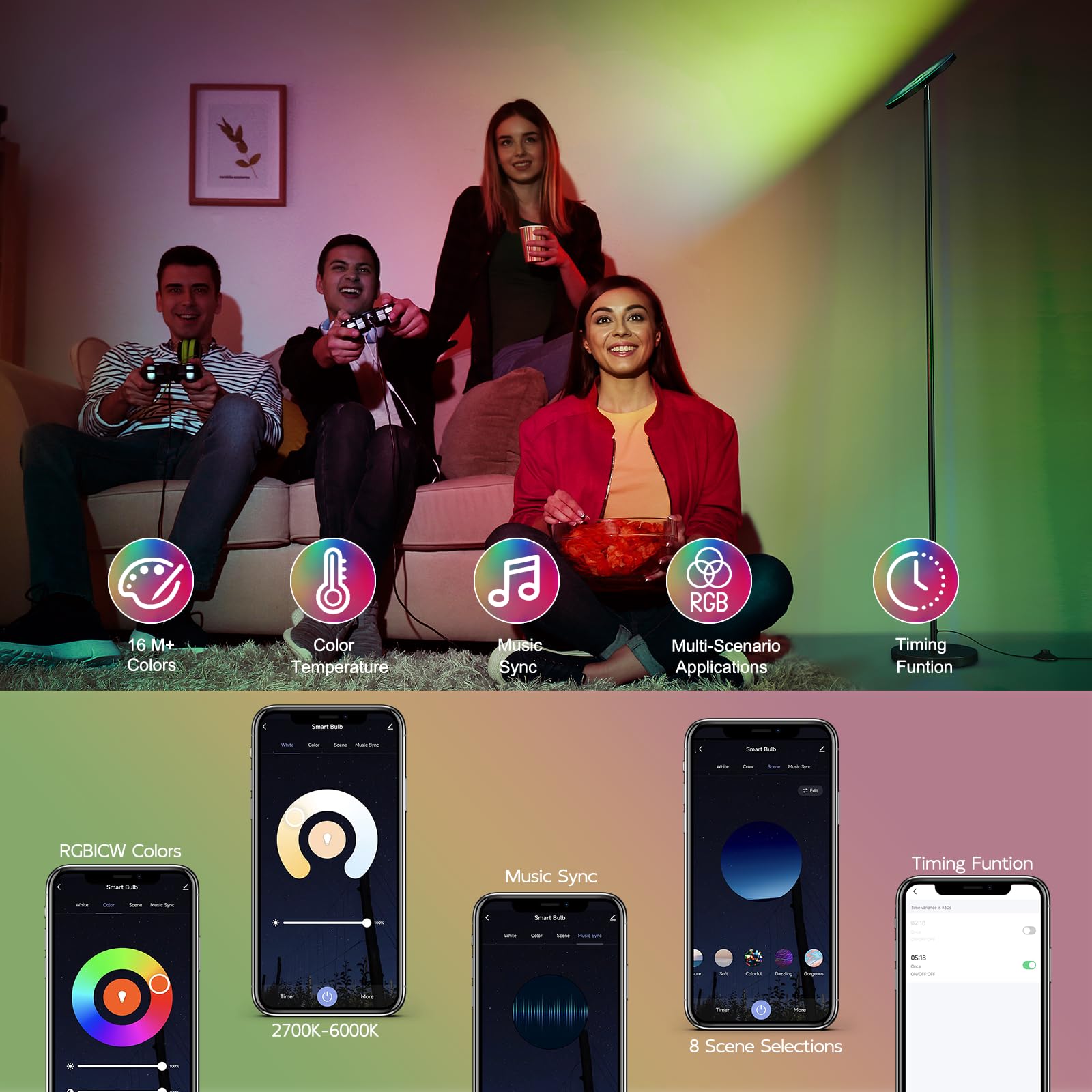 Smart RGB LED floor lamp with app and remote control, 32W