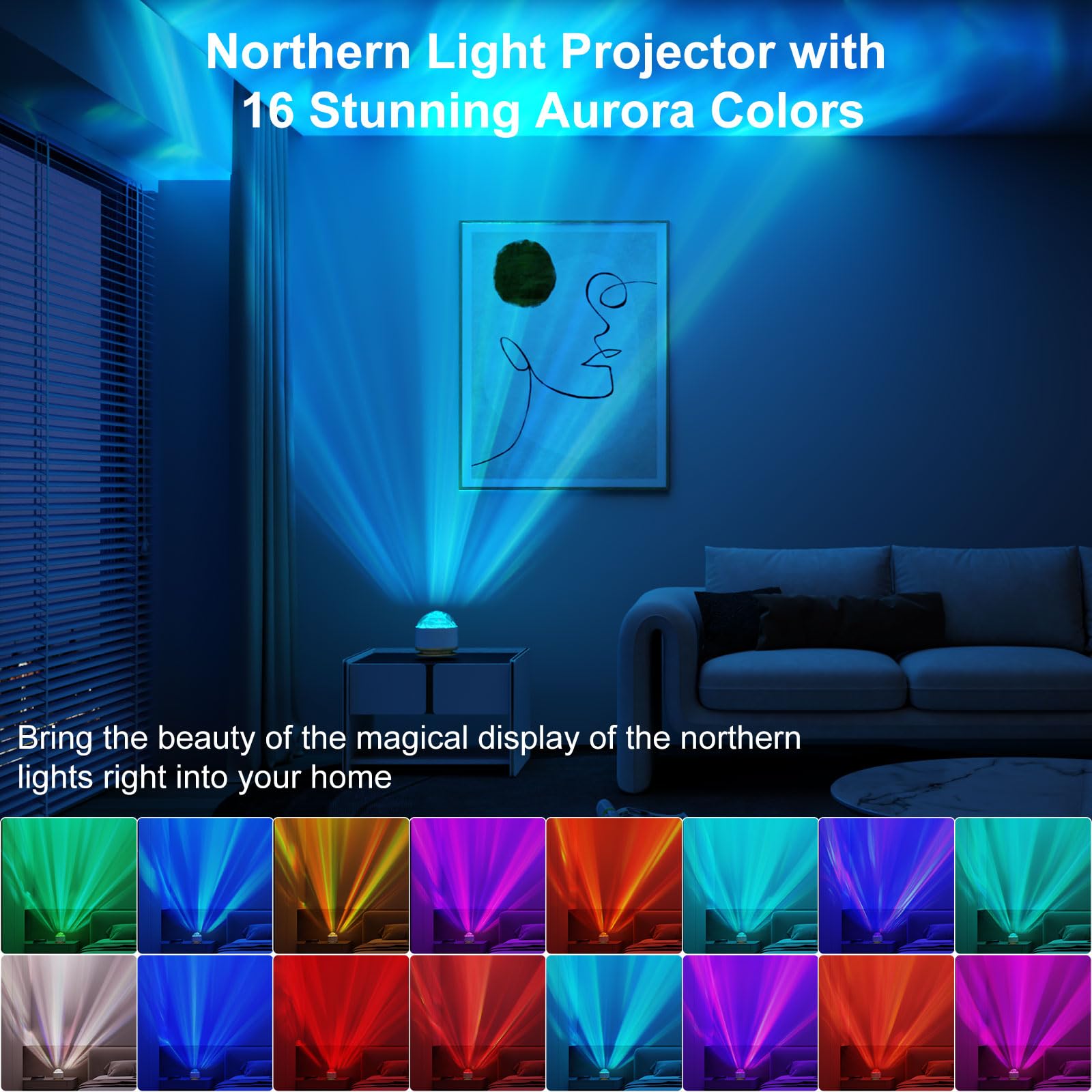 Aurora galaxy projector night light with 16 colors and dimmable mood lighting