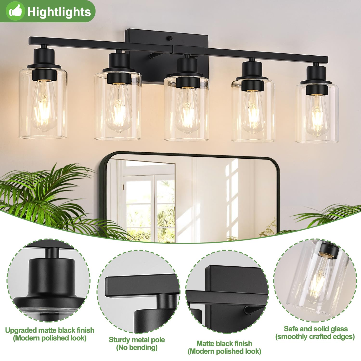 5-light matte black vanity sconce with glass shades for decor