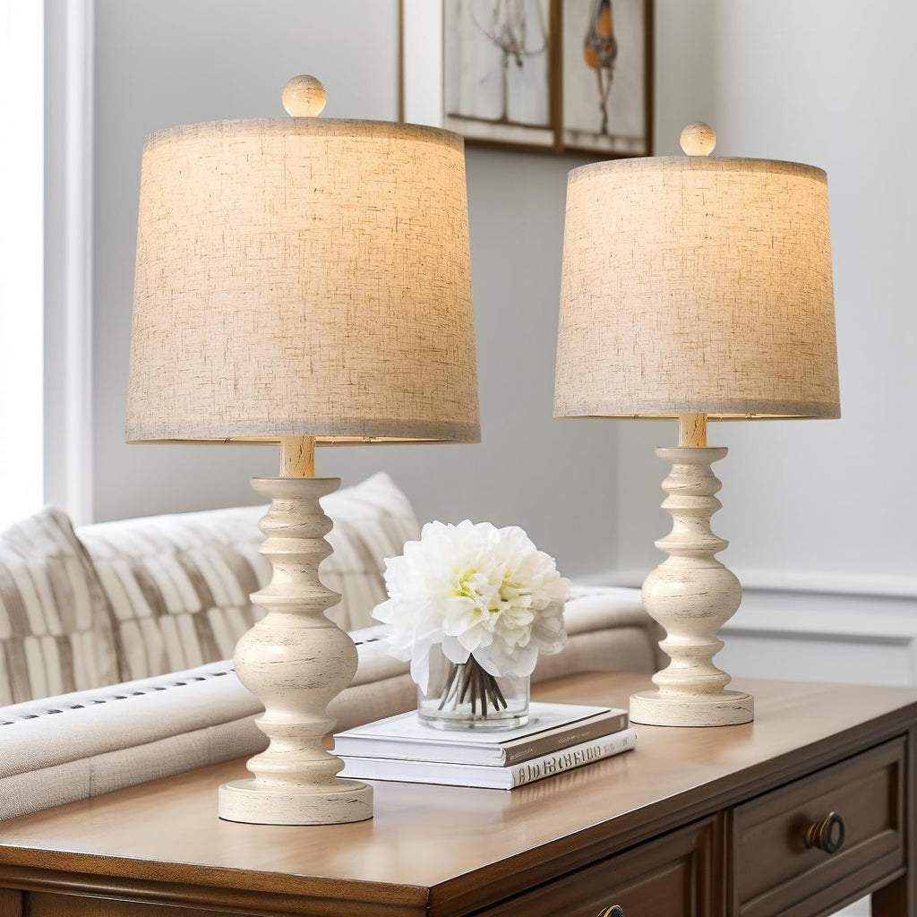 Rustic farmhouse table lamp set of 2, 20.5-inch vintage-style linen shade