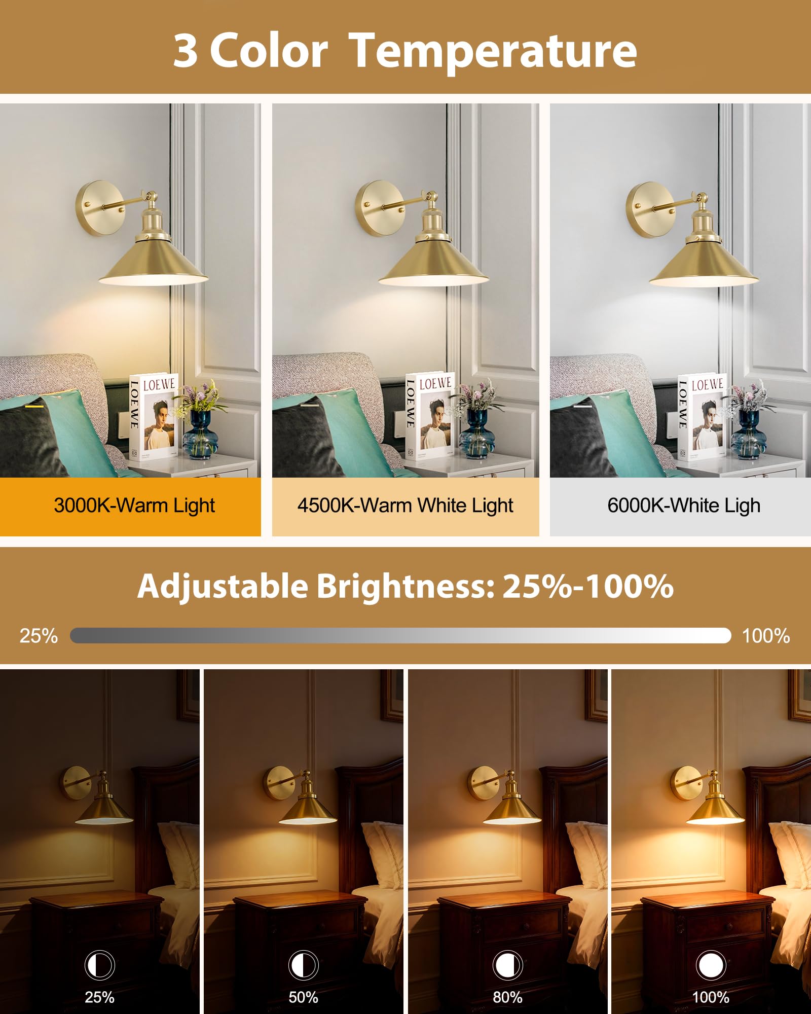 Gold vintage wireless wall sconces, set of 2, farmhouse decor