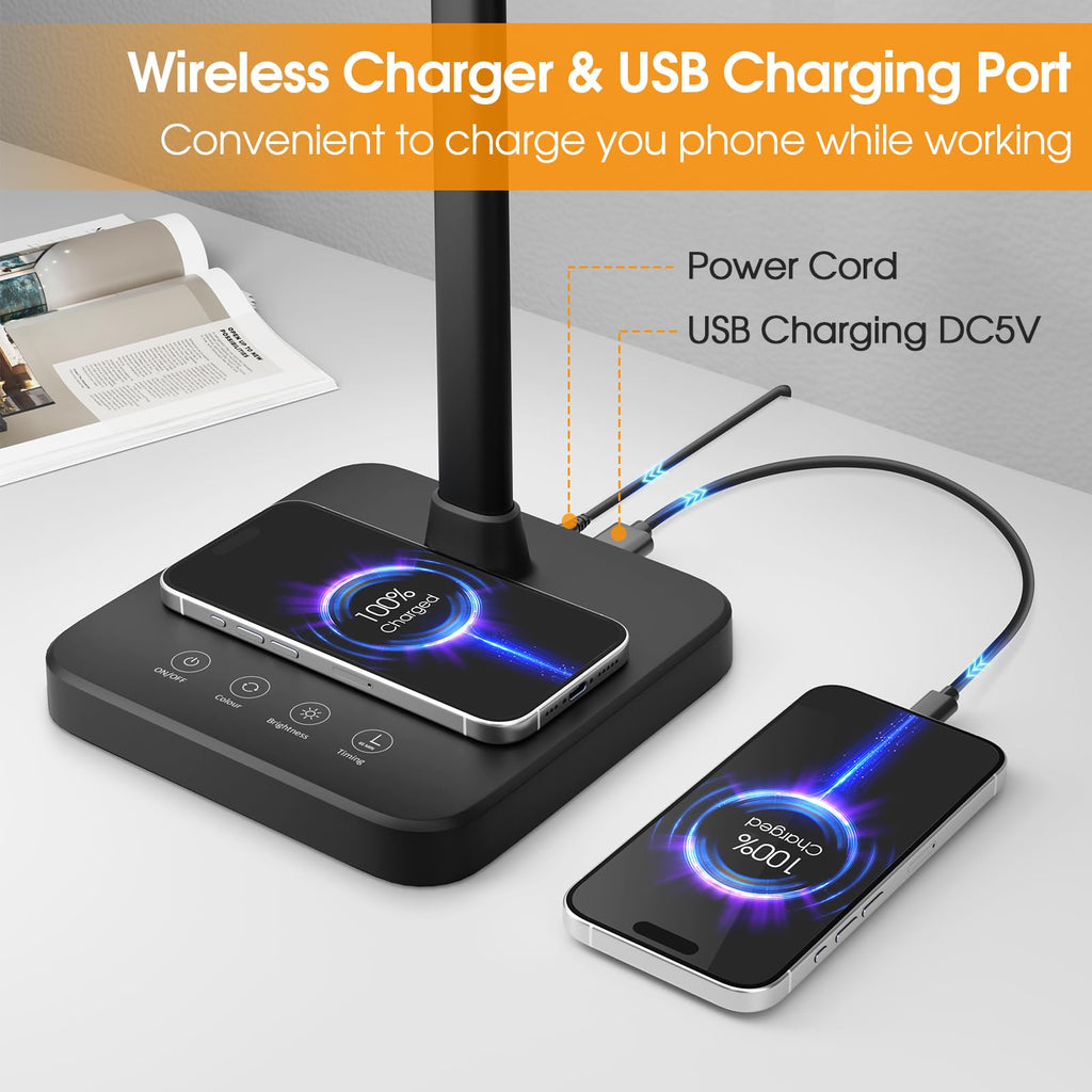 ShineTech LED Desk Lamp – 24W Double Head with Wireless Charging, USB Port, 25 Lighting Modes for Home Office