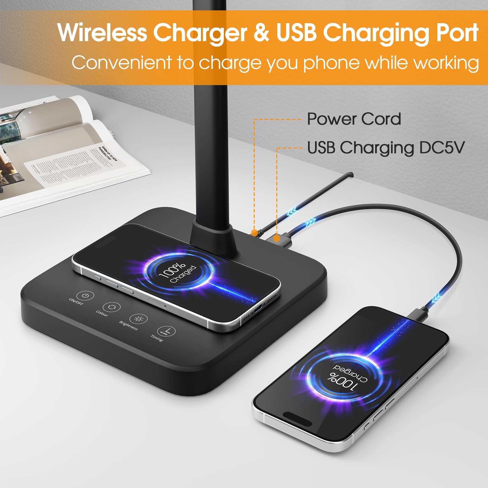 ShineTech LED Desk Lamp – 24W Double Head with Wireless Charging, USB Port, 25 Lighting Modes for Home Office