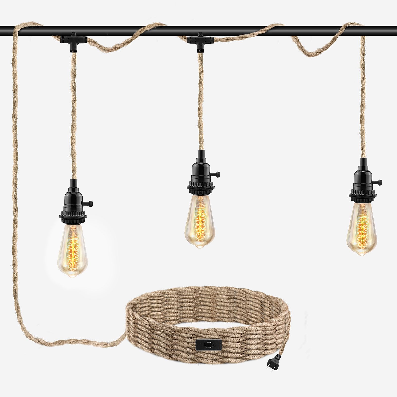3-light plug-in pendant light kit, 25 ft hemp rope cord for decor