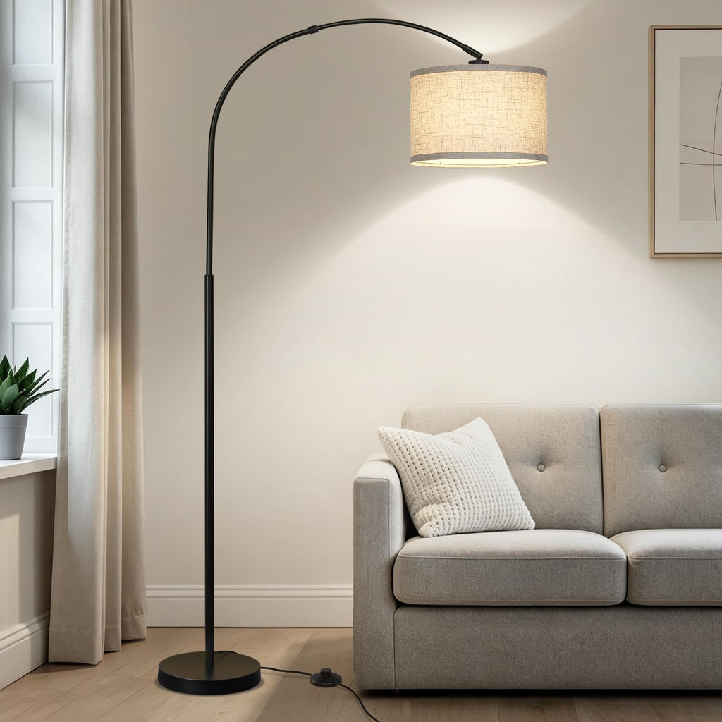 Arc floor lamp with adjustable drum shade for reading nooks