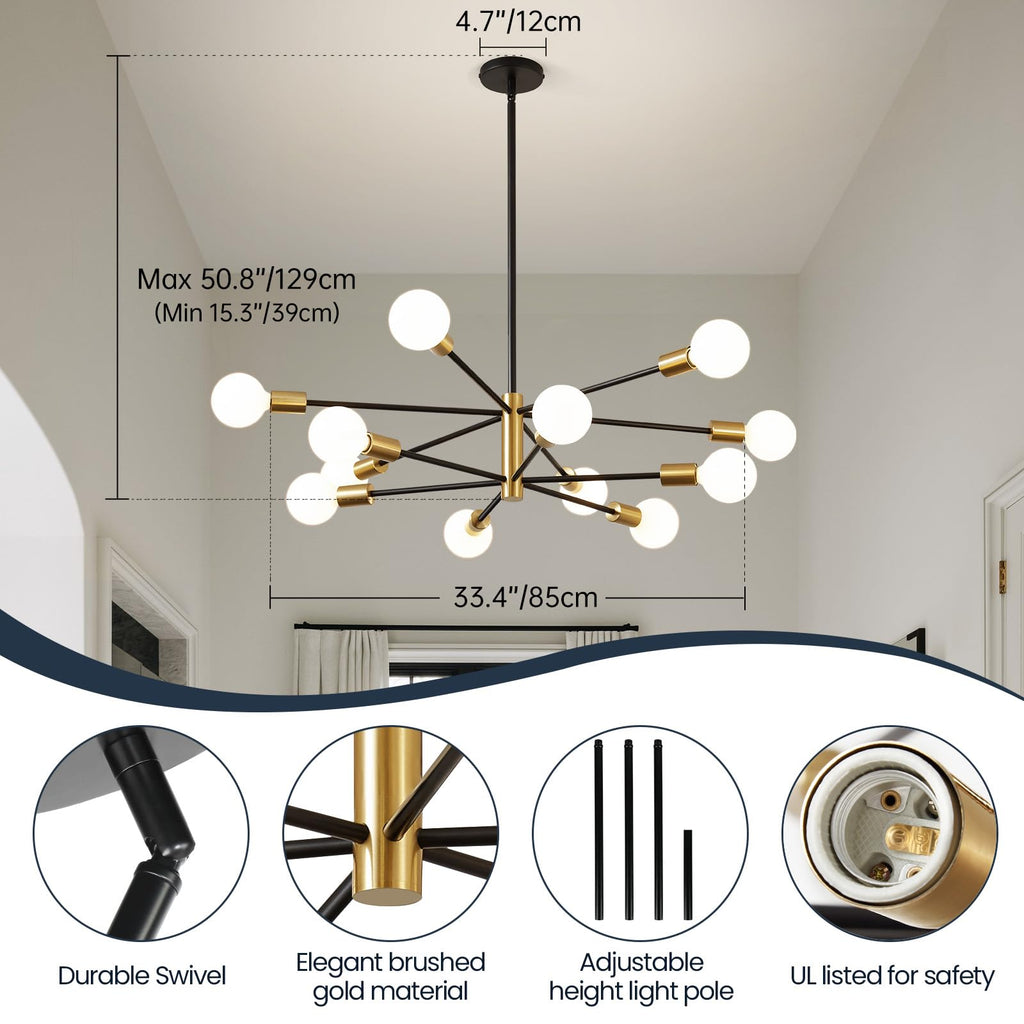 Gold and black 12-light sputnik chandelier for dining room decor