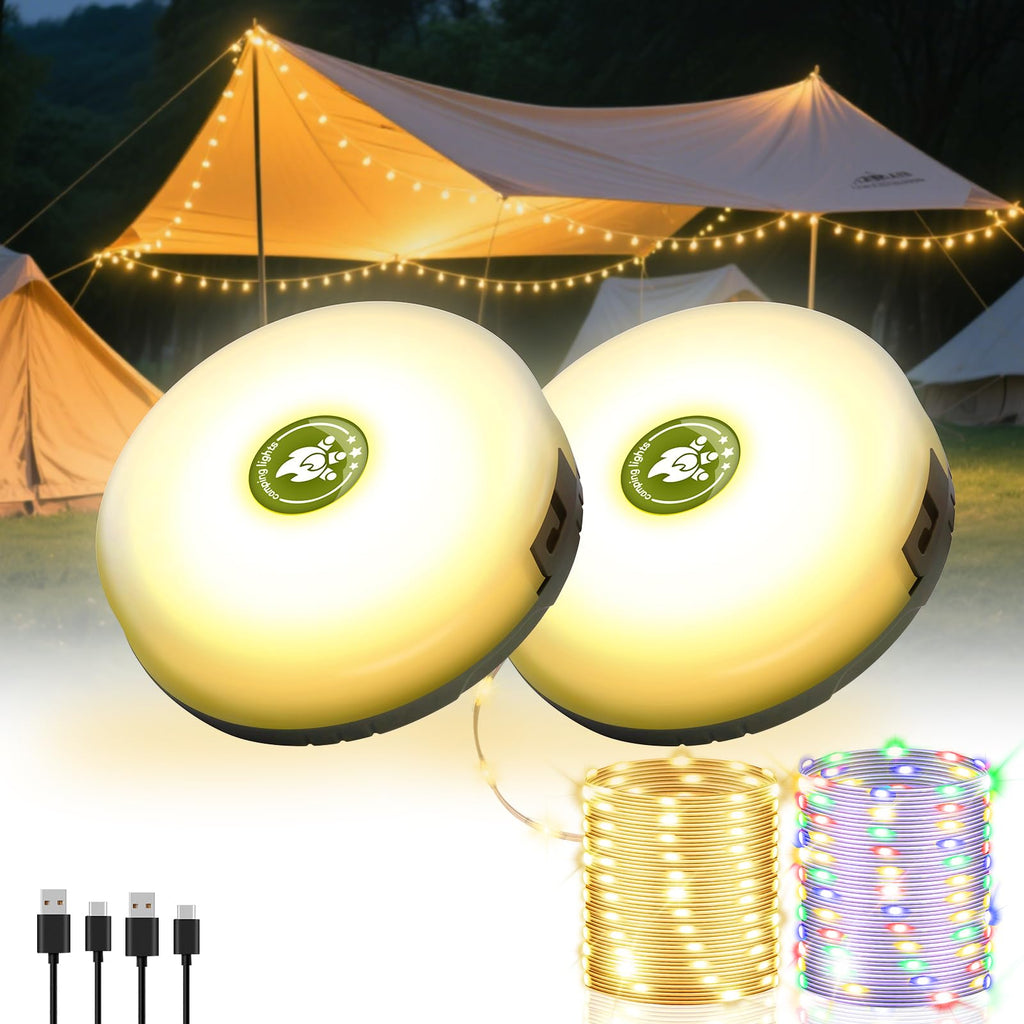 Rechargeable outdoor string light for camping, 8 modes, 2-pack