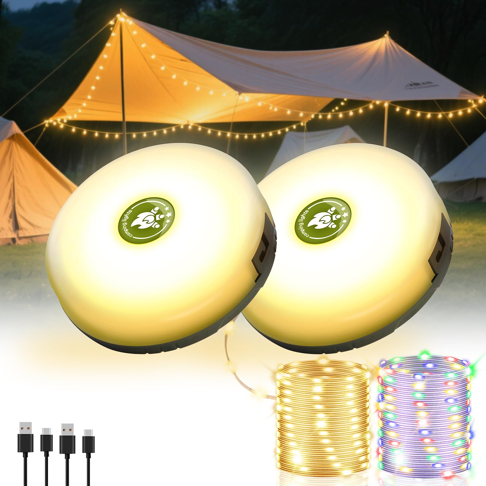 Rechargeable outdoor string light for camping, 8 modes, 2-pack