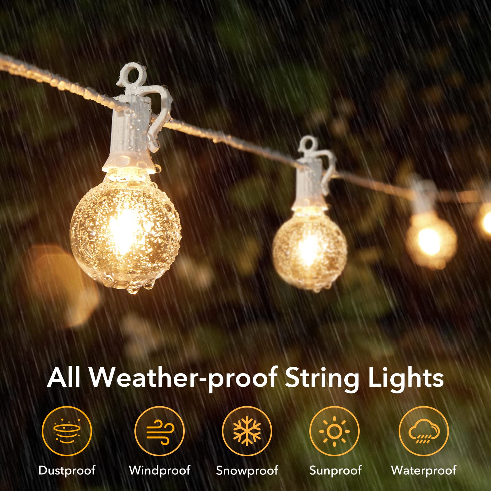 50FT Outdoor String Lights G40 – 25 Shatterproof Bulbs, IP65 Waterproof, Dimmable LED for Patio & Backyard