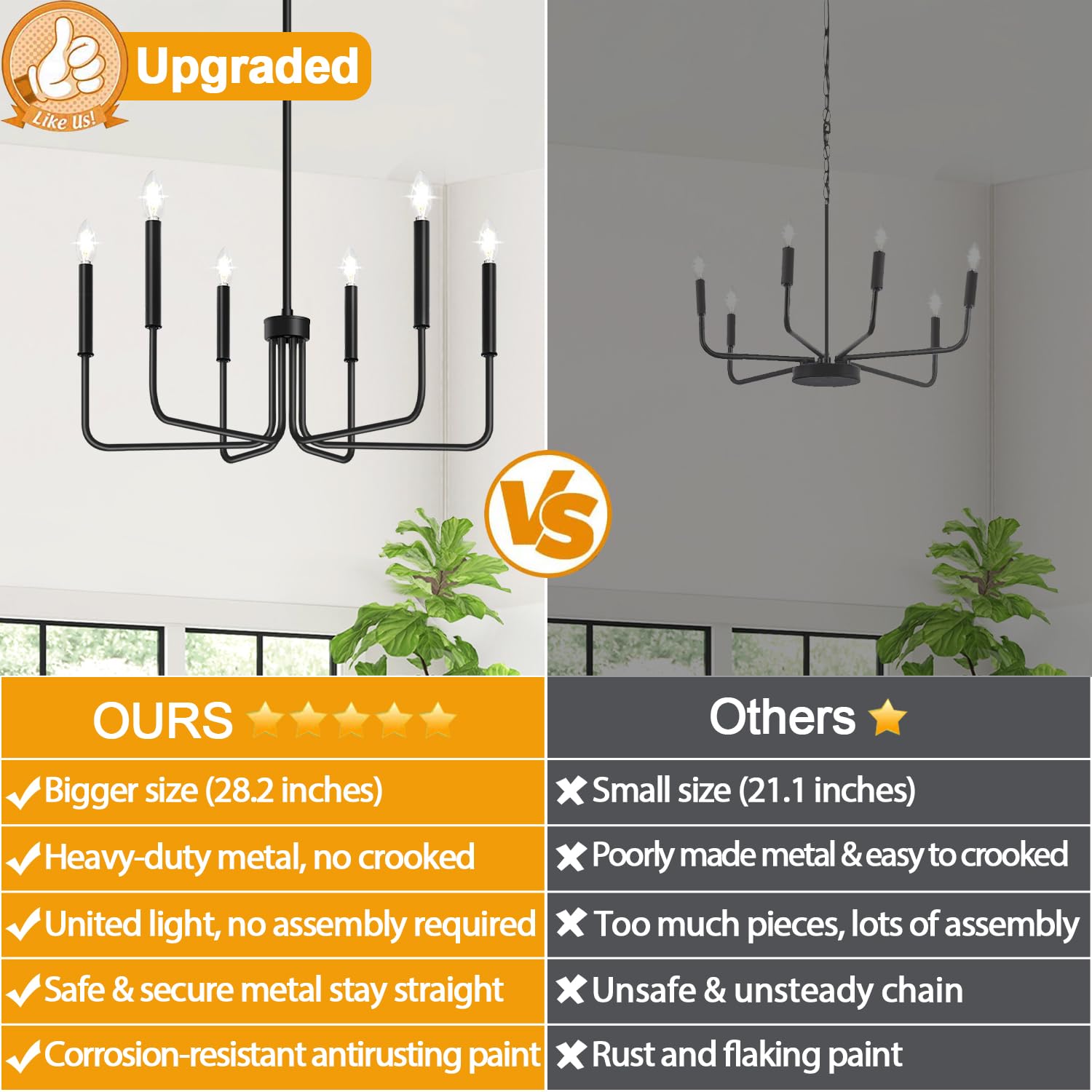 6-light black farmhouse chandelier for dining room decor, no assembly required