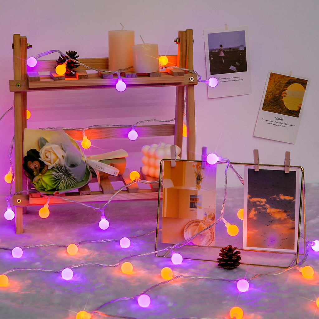 Orange and purple globe string light, 33 ft, connectable