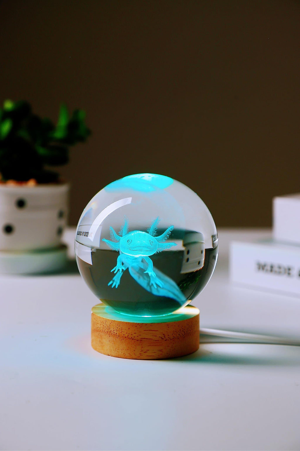 3D Axolotl Crystal Ball Night Light – 3.15IN K9 Crystal, 16 Color LED, Remote Control, Wooden Base for Kids & Bedroom Decor