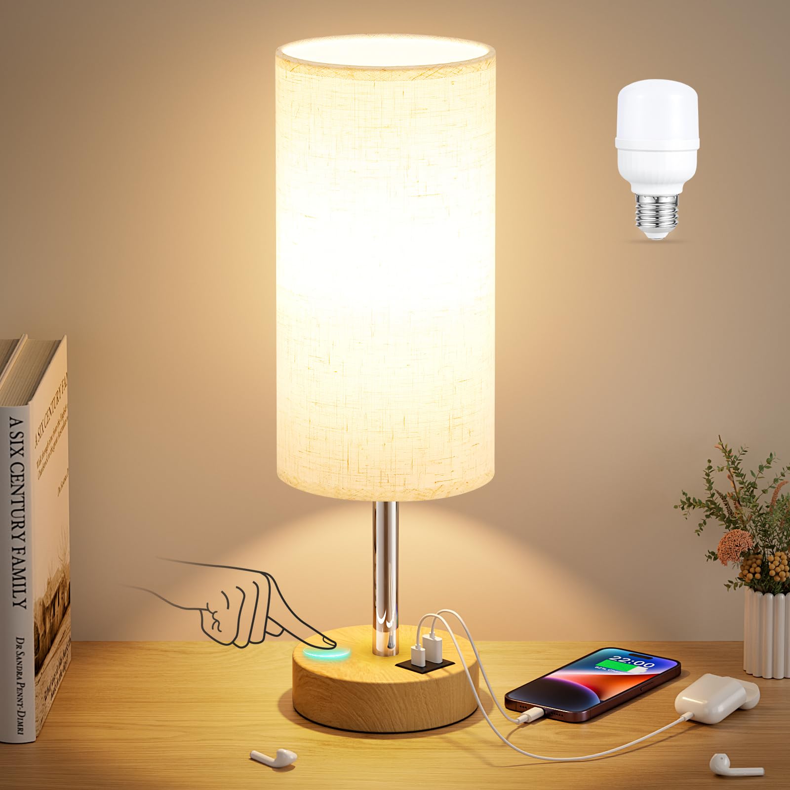 Wood Touch Bedside Lamp with USB Charging Station, 3-Way Dimmable, 14-Inch