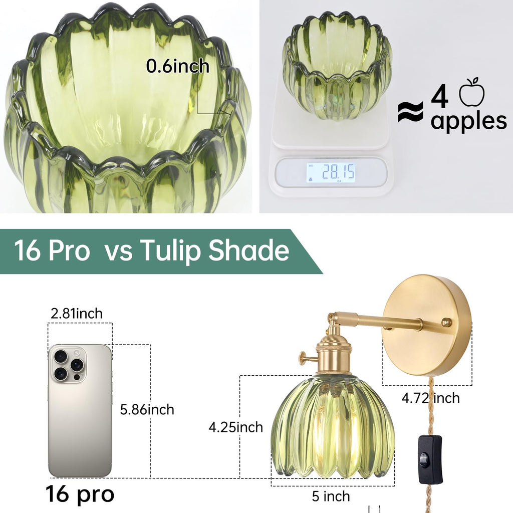 Plug-in wall sconce with green tulip glass shade for home decor, 2-pack