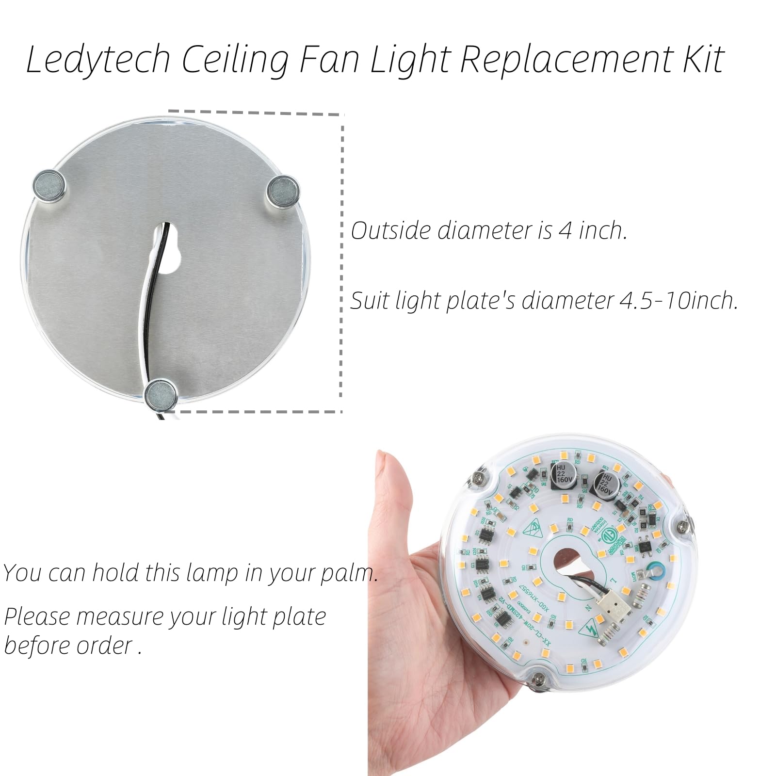 Ledytech 4 Inch LED Retrofit Kit – 18W 2200LM 3000K Warm White, Dimmable CRI90 for Ceiling Fan Light Replacement