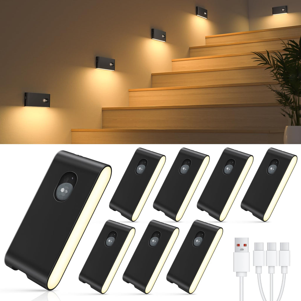 Rechargeable motion sensor night light 8-pack for stairs and hallways