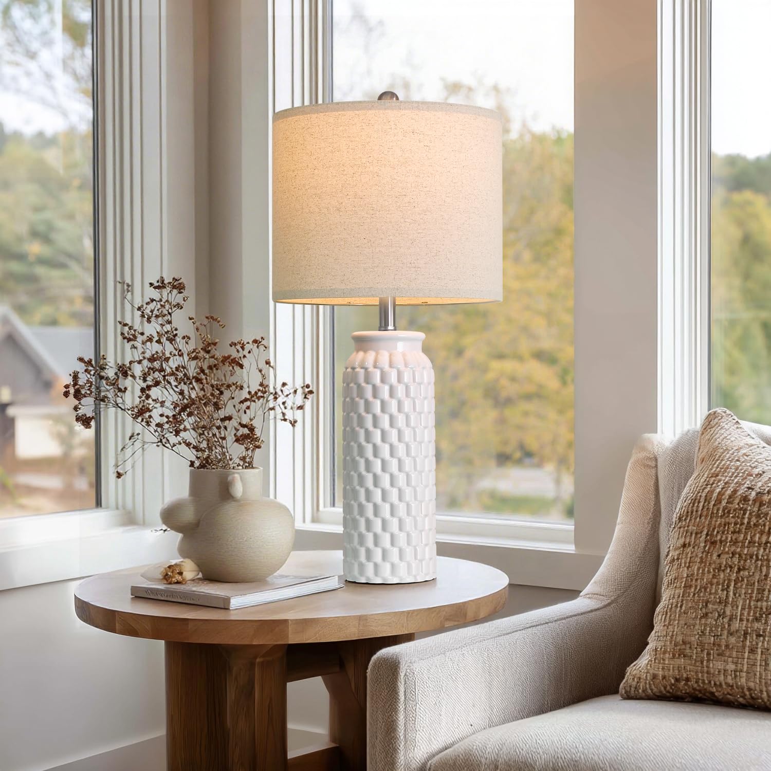 27-inch ceramic table lamps, set of 2, farmhouse boho nightstand lamps