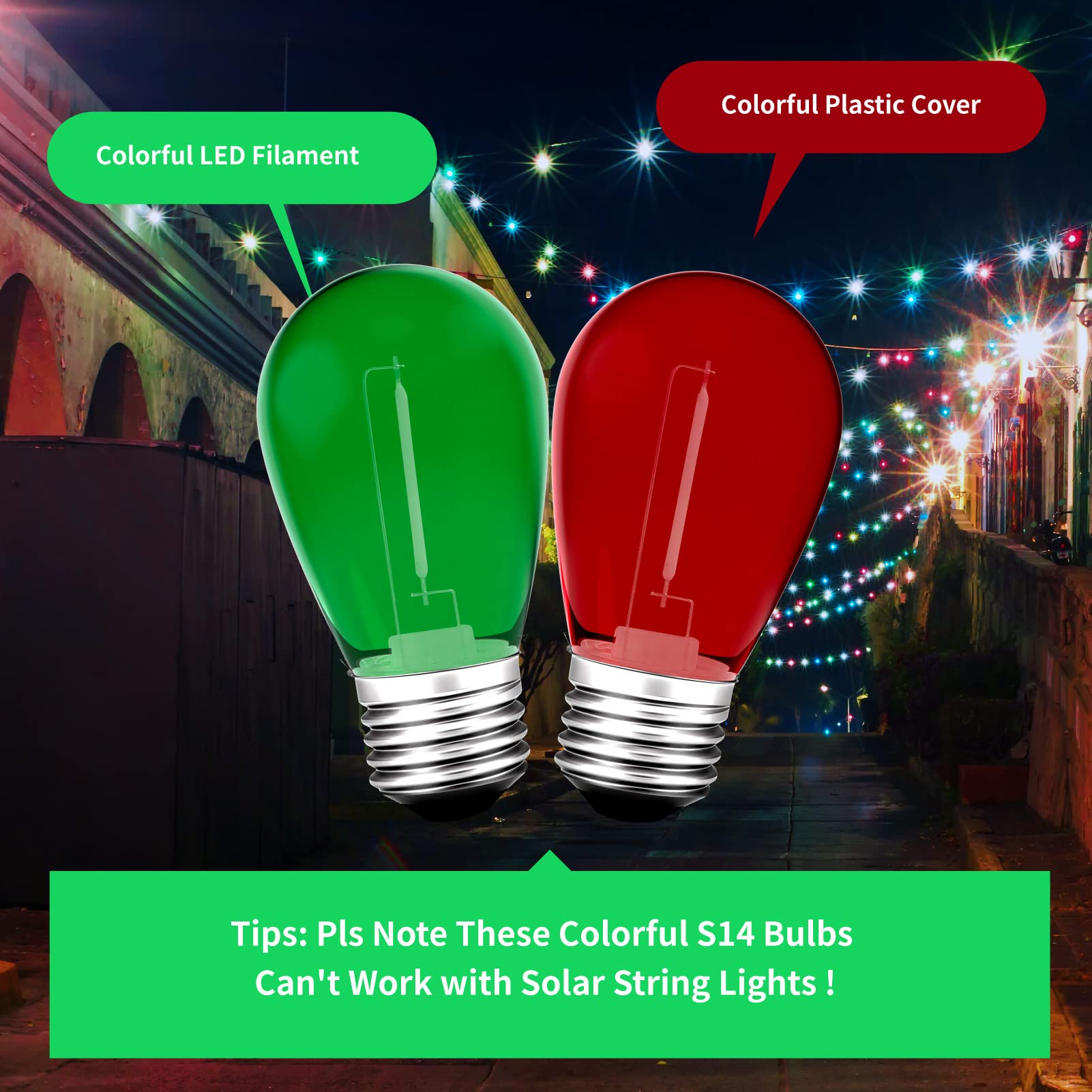 24-Pack S14 LED String Light Bulbs Colored – 1W Shatterproof Waterproof Plastic E26 Base for Christmas & Outdoor Decor (Red & Green)