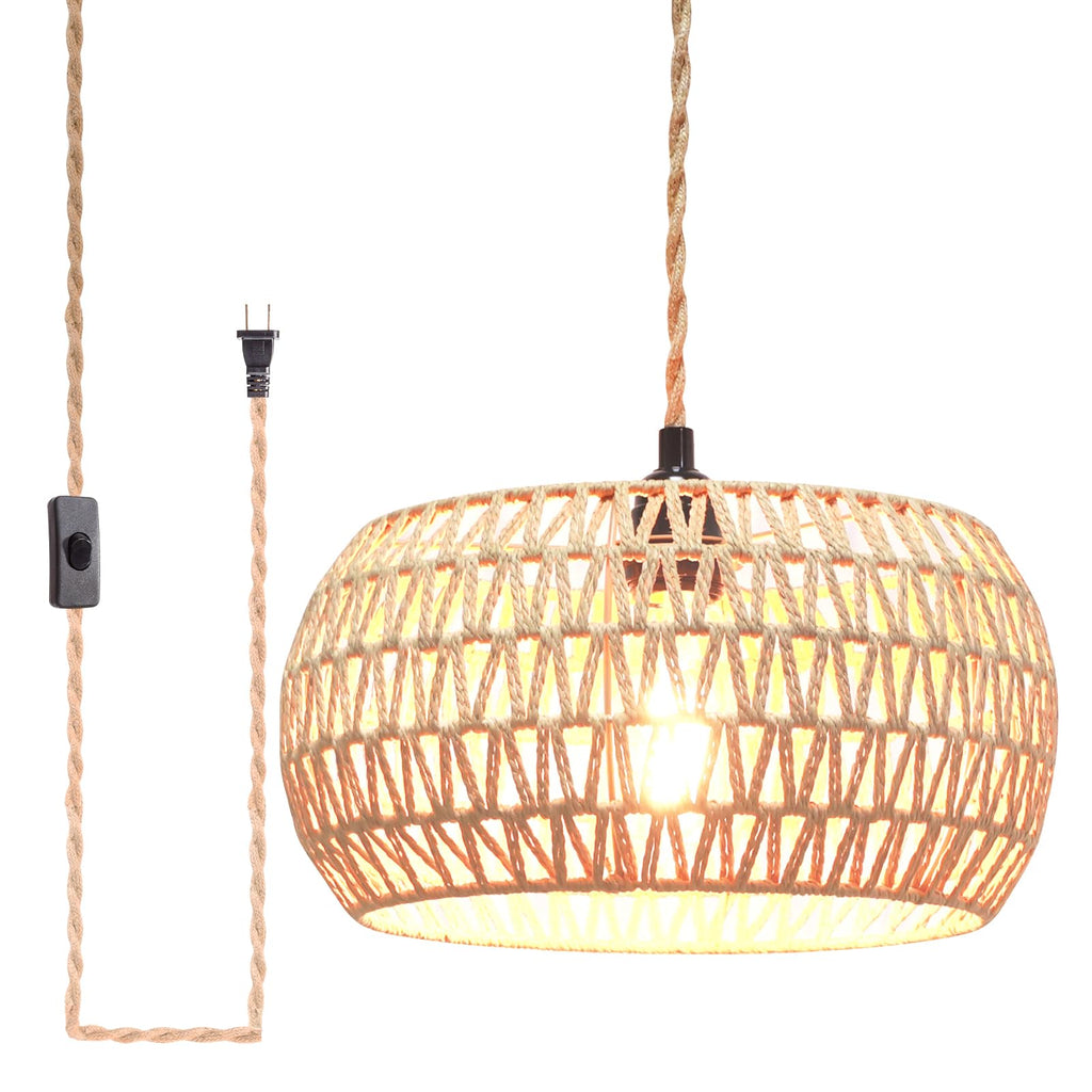Rattan Woven Shade Plug-In Pendant Light for Farmhouse Decor