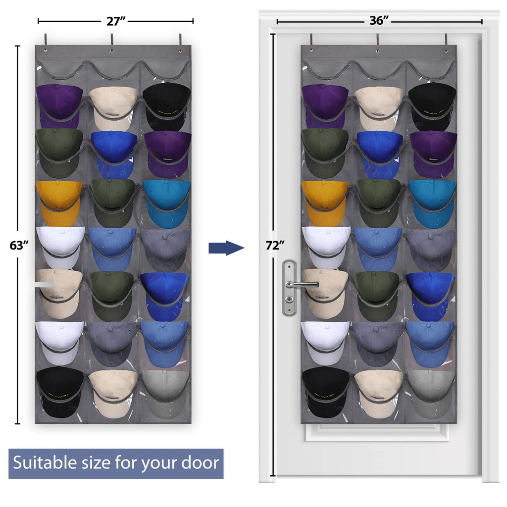 1-Pack Baseball Cap Organizer with 24 Pockets – Wall Door Mount, 3 Hooks, Visible Storage for Hat Collections