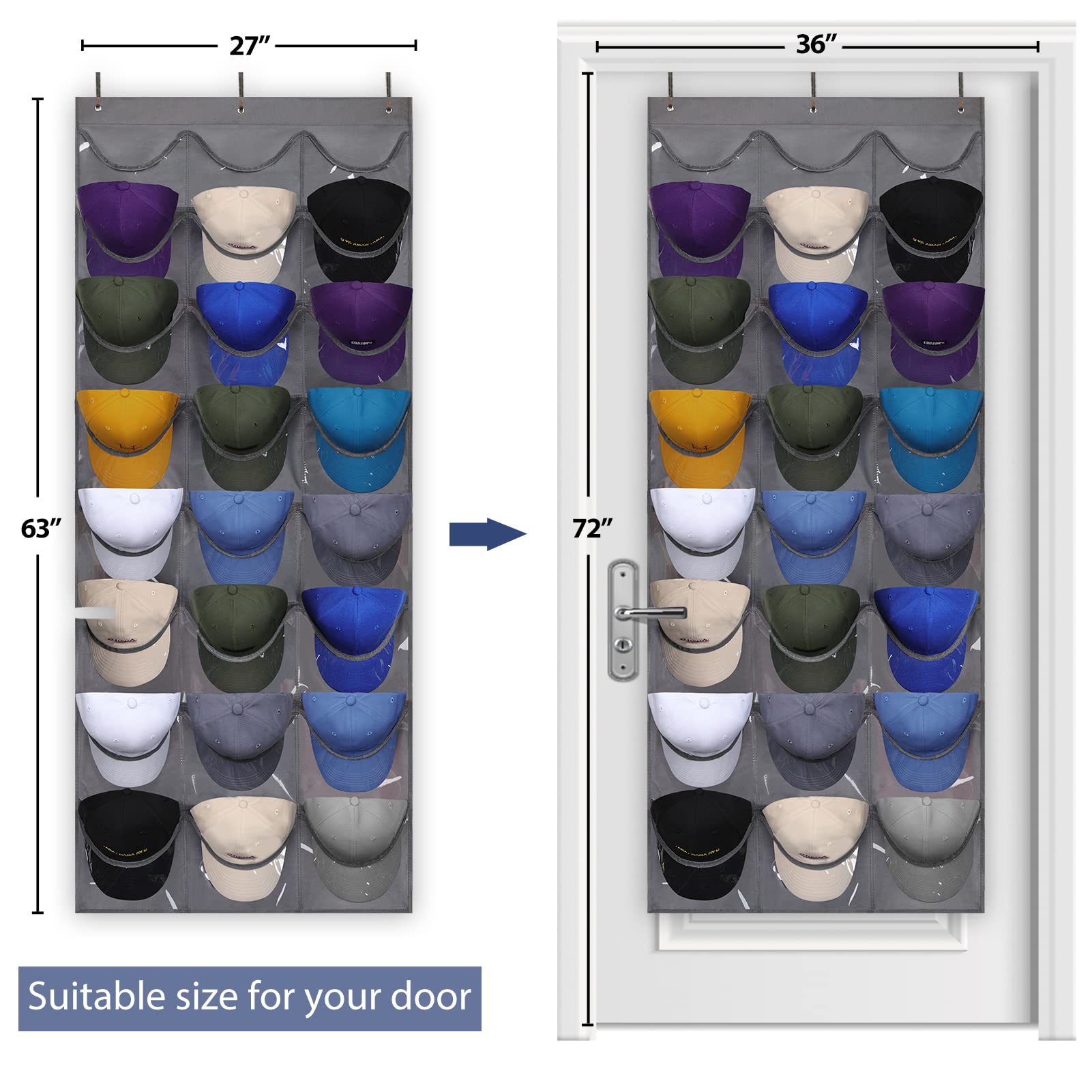 1-Pack Baseball Cap Organizer with 24 Pockets – Wall Door Mount, 3 Hooks, Visible Storage for Hat Collections