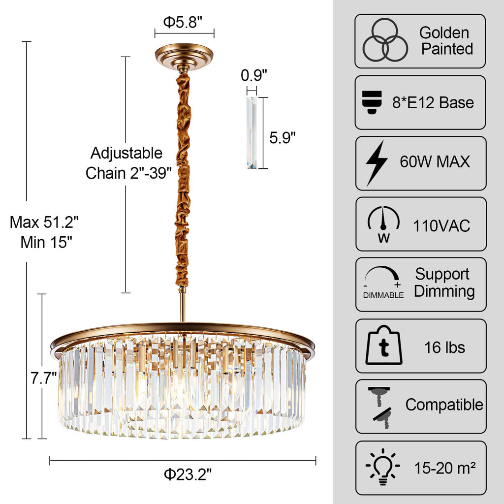 8-Light Crystal Double-Ring Chandelier in Gold for Dining Decor