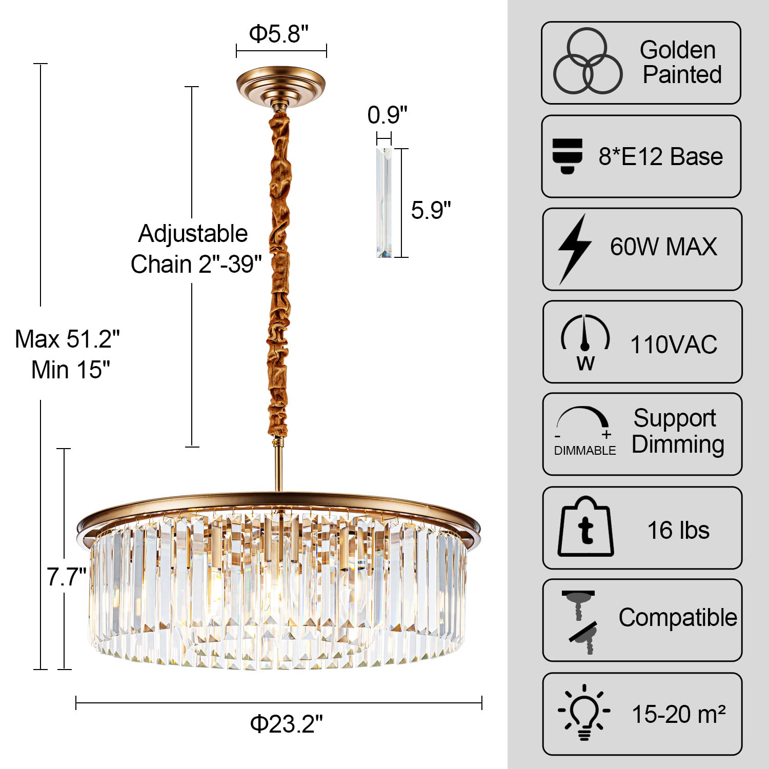 8-Light Crystal Double-Ring Chandelier in Gold for Dining Decor