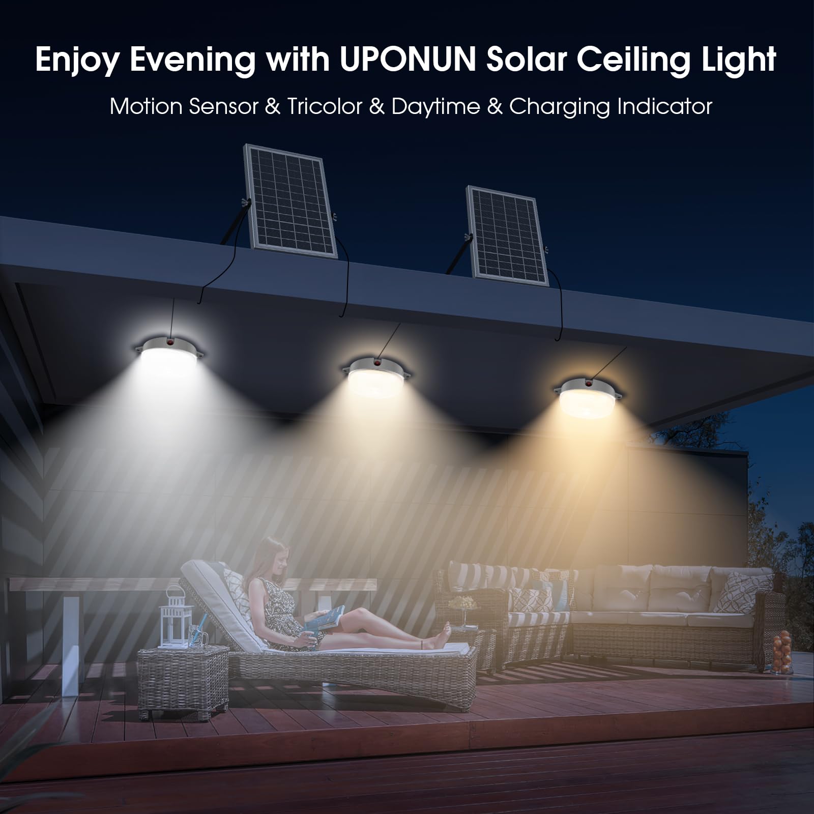 2-Pack Solar Ceiling Light with Motion Sensor – Dimmable 6000K/4000K/3200K, Remote Control, Day/Night Mode for Shed Patio Gazebo