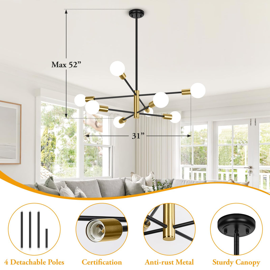8-light black & gold Sputnik chandelier, height-adjustable decor
