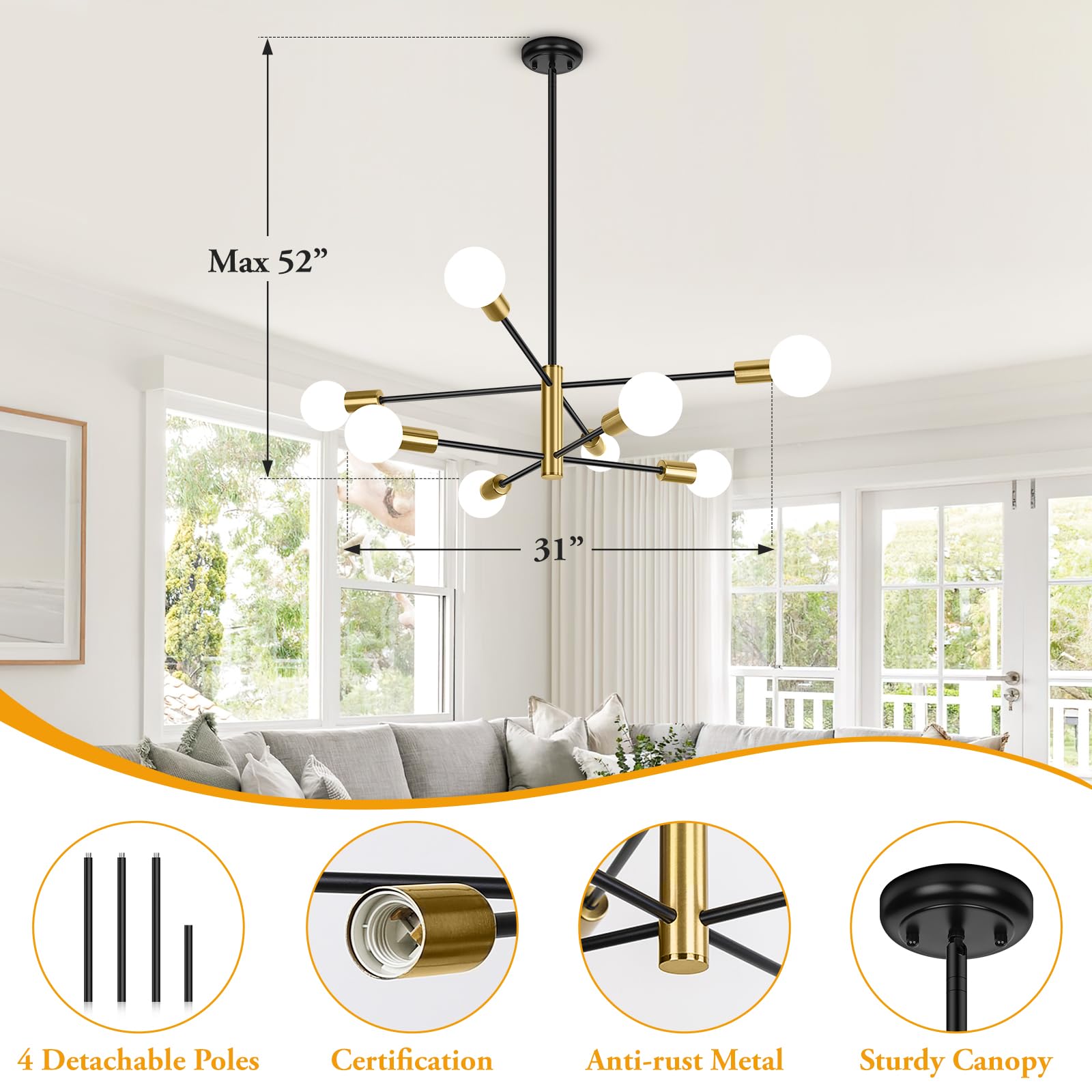 8-light black & gold Sputnik chandelier, height-adjustable decor