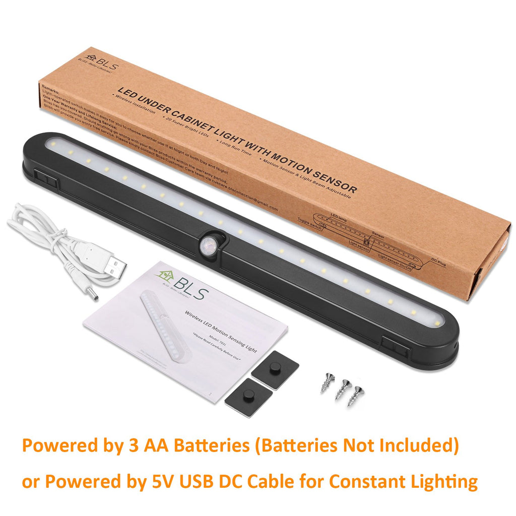 BLS T01LB LED Under Cabinet Light – 20 LED Motion Sensor, Battery Powered, Auto On/Off, Wireless for Closets & Cabinets